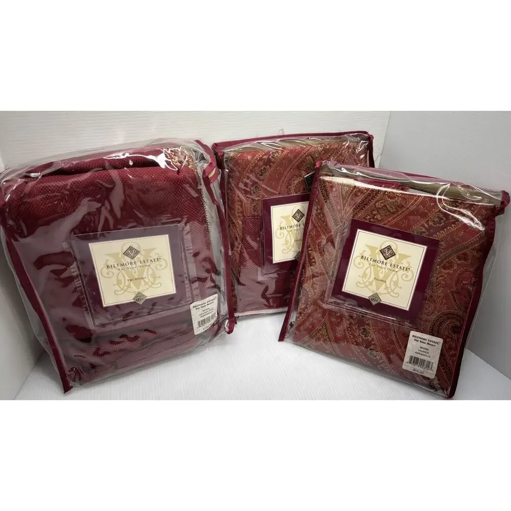 Lot Of New Biltmore Curtain Panels (2) & 2 Valances Burgundy & Gold 48x84”